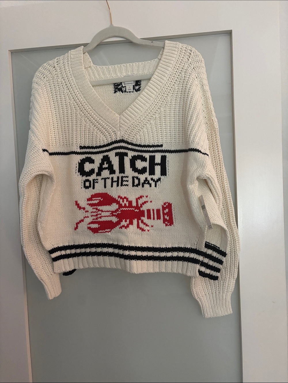 Maeve Catch of the Day V-Neck Knit Sweater - Cream with Red & Navy and Red Crab.